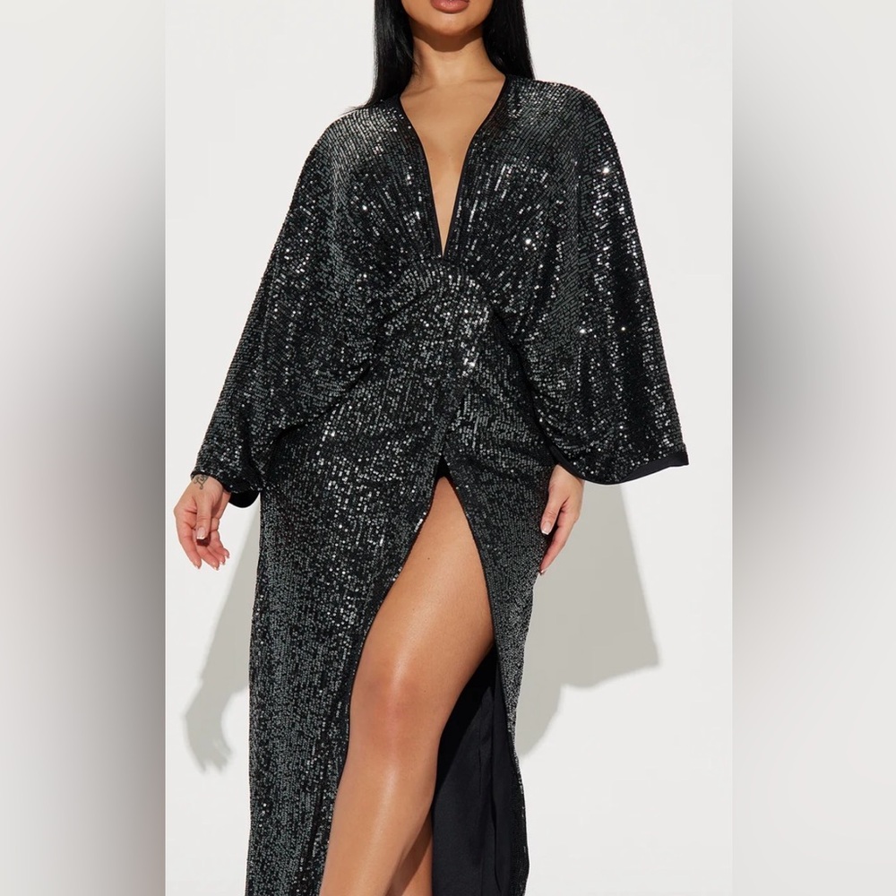 Fashion Nova Black Sequin High-Slit Wrap Gown